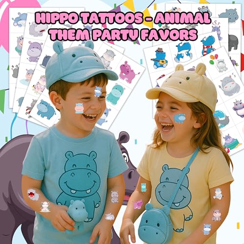 Frawharmone 96PCS Kids Hippo Temporary Tattoos - Jungle Party & Kids' Fun
