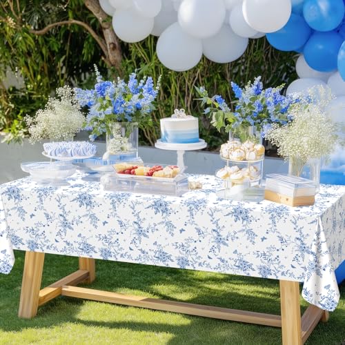 Blue Floral Tablecloths - 4 Pack, Disposable & Waterproof - 108x54 in