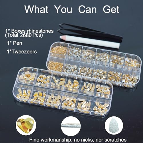 2680 Pcs Champagne Gold Nail Rhinestones & 120 Pcs Charms Set