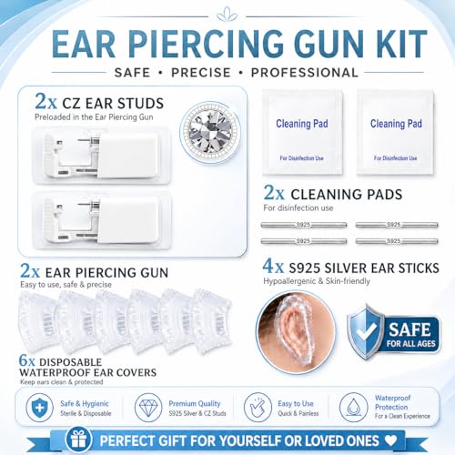 Anzero Ear Piercing Kit - Disposable Gun with 2MM CZ Studs, Sterile