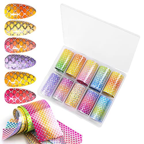 SILPECWEE 10 Sheets Mermaid Scale Holographic Nail Foils Transfer Stickers