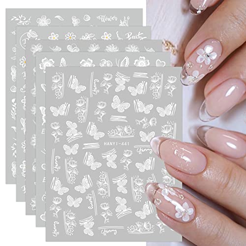 JMEOWIO 12 Sheets White Flower Nail Art Stickers - Self-Adhesive Designs for DIY Nail Art