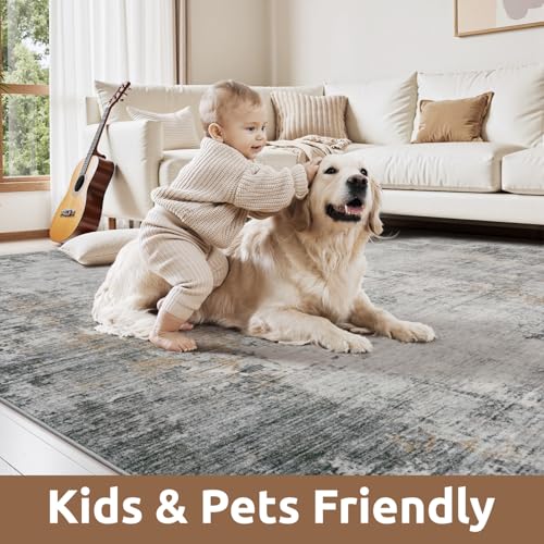 Modern Abstract Area Rug - Machine Washable, Non-Slip, Soft Grey