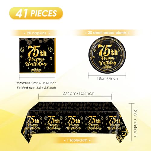 75th Birthday Decorations Kit - Black & Gold Party Supplies (41 Pcs)