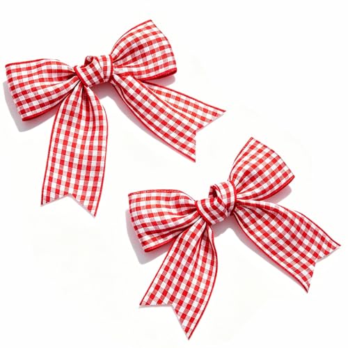Handmade Red White Gingham Hair Bows - 2PCS Non-Slip Clips