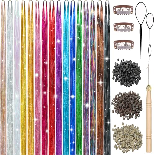 Hair Tinsel Kit - 16 Colors, 7600 Strands, 48 Inches Glitter Extensions