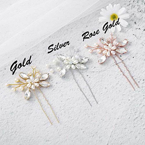 JAKAWIN Bridal Pearl & Crystal Hair Pins, Gold Wedding Hair Accessories Set of 2