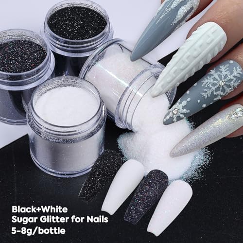 STZPRONAIL Sugar Glitter Nail Powder Set – 4 Colors Black White Sugar Shimmer for Dip, French Tip & DIY Nail Art