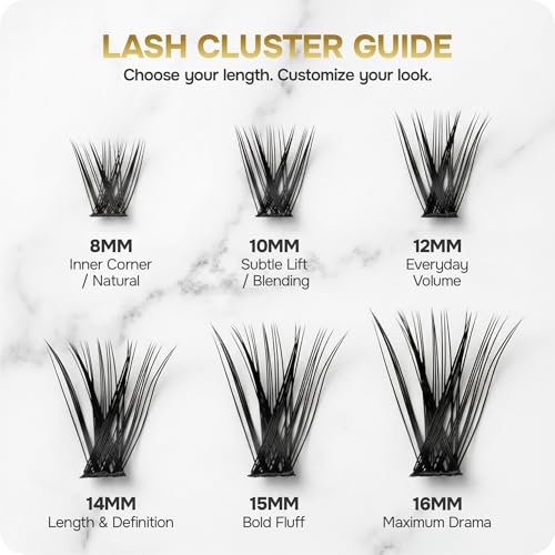 Q&T Faux Lash 600-Piece 40D-50D D Curl Cluster Lashes 8-16mm (Individual Box) with Free Mascara Shield & Eyeliner Stencil, Beginner-Friendly