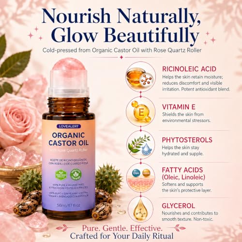 Organic Castor Oil Roll-On with Rose Quartz for Hair & Skin – 1.7 Oz