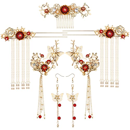 Vintage Butterfly Tassel Hair Clip Set with Pearls for Weddings