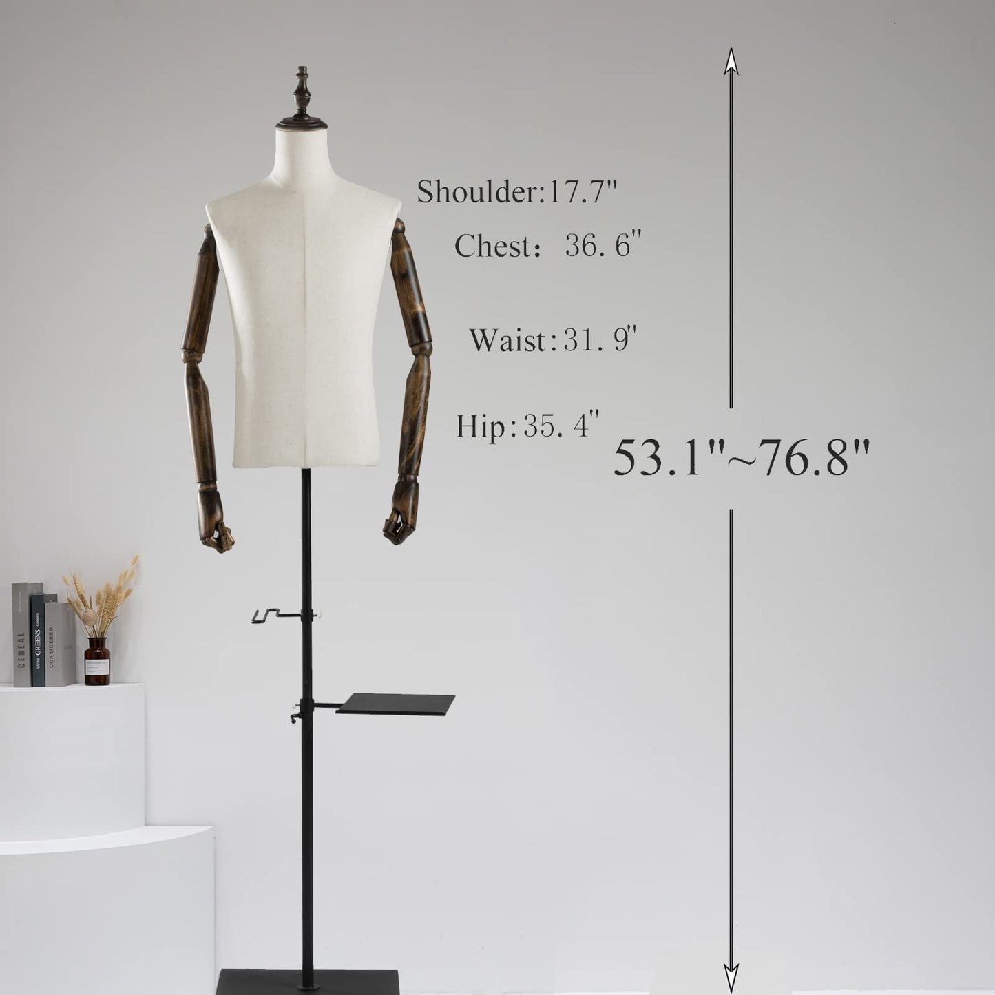 53-76inch Male Mannequin Torso with Wooden Arms Metal Stand, Height Adjustable Dress Form Male with Detachable Trousers Rack and Shoe Holder, Pinnable Torso Display for Clothing Retail Sewing Shop