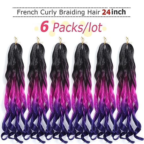 WIPPORYA French Curly Braiding Hair 24 Inch - 6 Packs, 1B Purple & Dark Blue