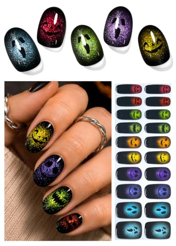 Halloween Wahrshei Cat Eye Ghost Face Semi Cured Gel Nail Strips 20pcs - A5