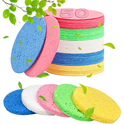 Multicolor METUUTER Facial Sponges - 50 Count Compressed Natural Cellulose for Face Cleansing & Exfoliation