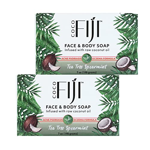 Organic Fiji Coconut Tea Tree Spearmint Soap Bar for Face & Body - 7 oz Pack of 2