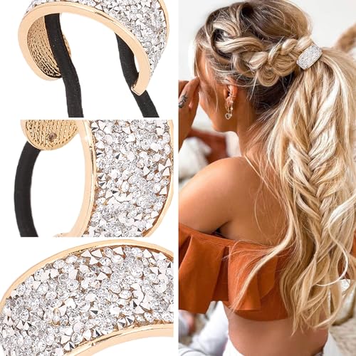 YISSION Silver Rhinestone Sparkly Hair Ties - 4 Pack Elegant Ponytail Holders