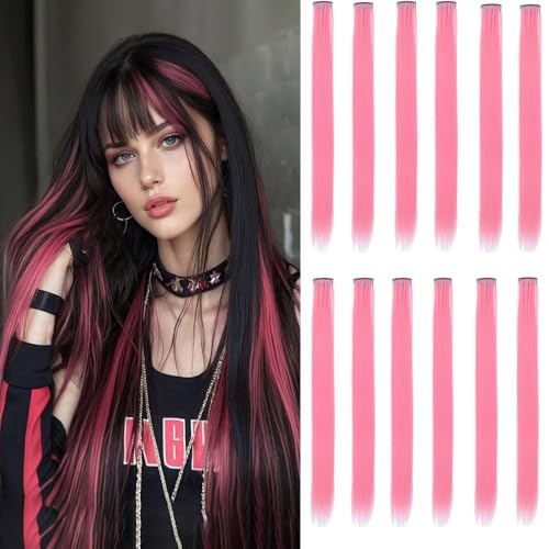 12 Pcs Pink Clip-In Hair Extensions for Girls - 22 Inch Straight Highlights