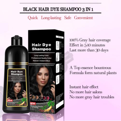 3-in-1 Herbal Black Hair Dye Shampoo for Gray Hair Coverage, 14 fl oz
