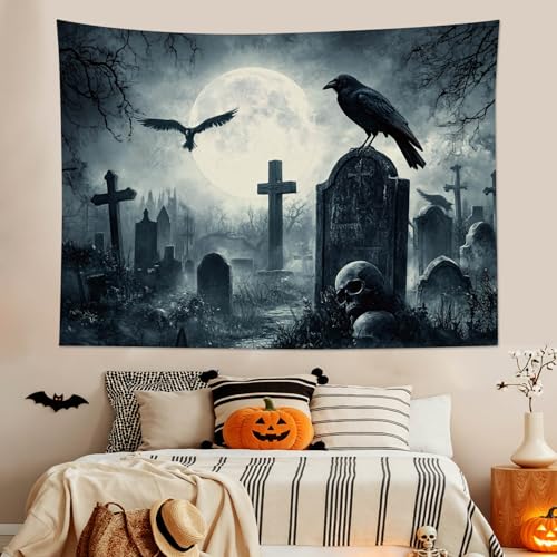 Gothic Halloween Tapestry Wall Hanging | Scary Crow & Graveyard Decor, 60x40 In