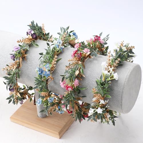 Red Flower Crown Headband with Golden Green Leaves & Pink Flowers