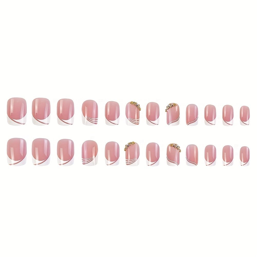 Square French Press on Nails, Acrylic Short Medium Press on Nails White Edge Pink Fake Nails with Gold Rhinestones, Glue on Nails Reusable False Nails for Women