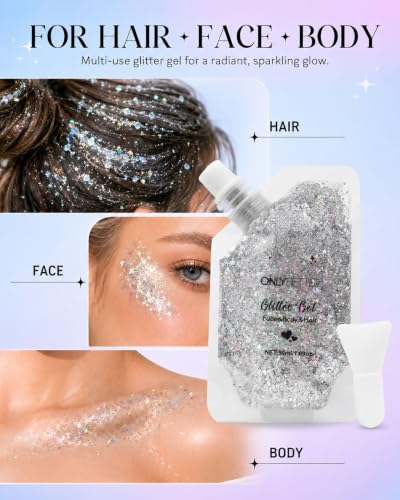ONLYBETTER Silver Holographic Body Glitter Gel for Face & Hair - 1.69oz, Holo Silver