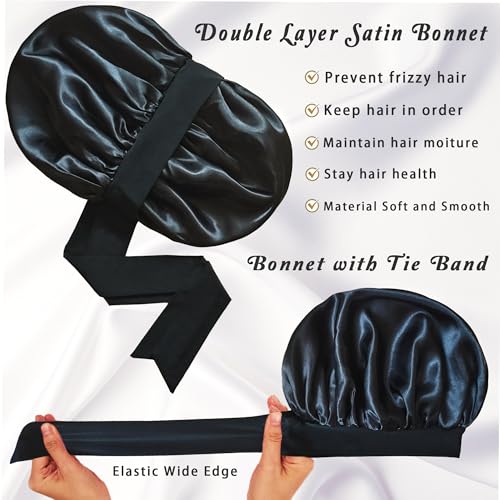 ROYBENS Satin Bonnet with Tie (Set C) - Reversible Silk Sleep Cap for Women, Extra Large
