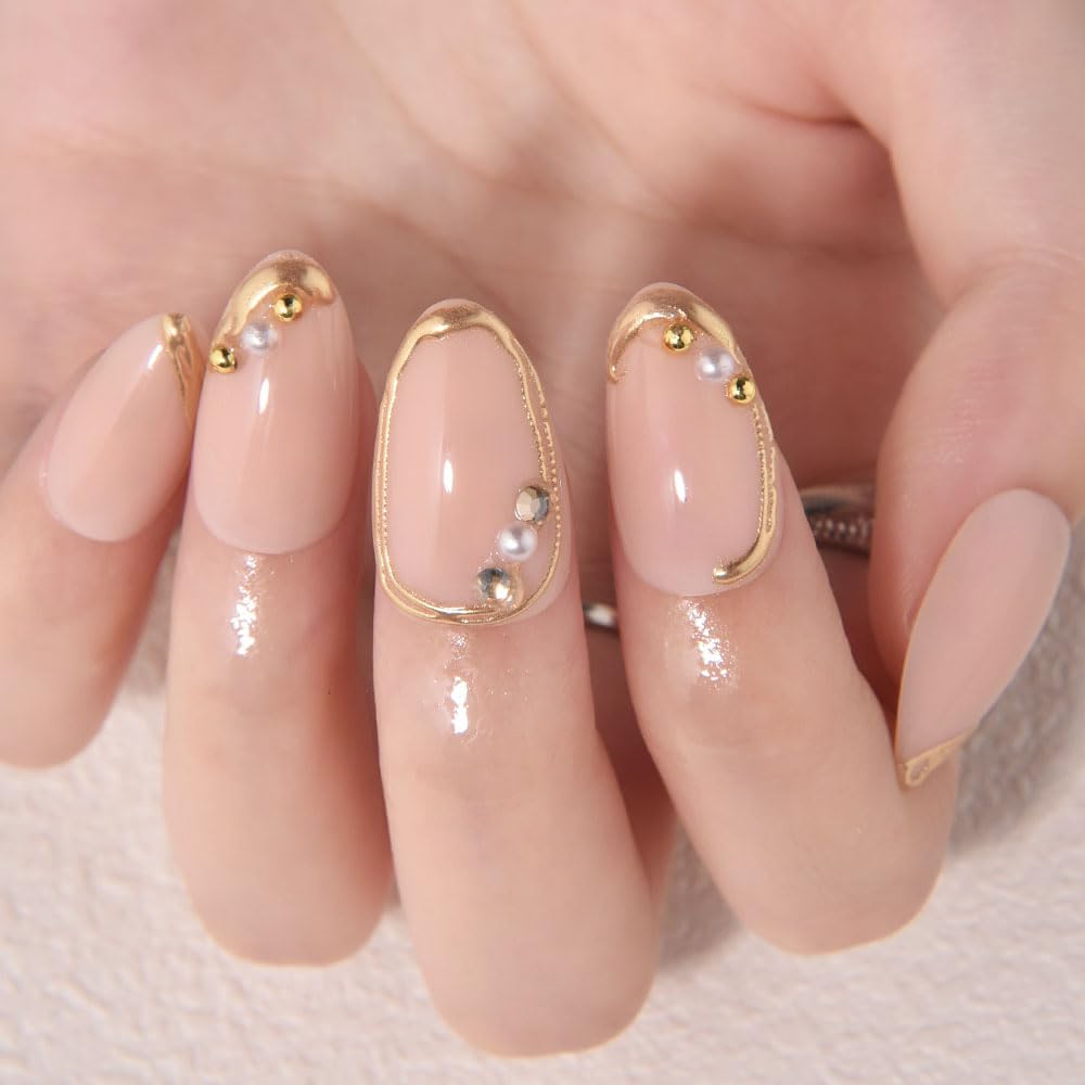 3D Gold Line French Tip Press-On Nails - Short Almond Glitter Light Nude | Handmade Acrylic Nails with 3D Pearl Designs