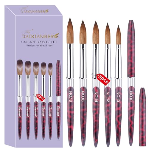 5PCS Pink Leopard Print Nail Art Brush Set - Sizes 10-18 for Acrylic & 3D Art