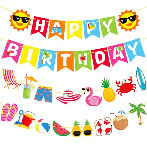 Beach Birthday Banner Set - 4Pcs Tropical Luau Party Decorations
