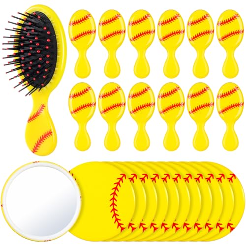 Meanplan Softball Party Favors - 12 Hair Brushes & 12 Mirrors, Yellow