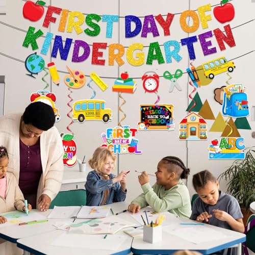 First Day of Kindergarten Decorations Set with Banner & Swirls
