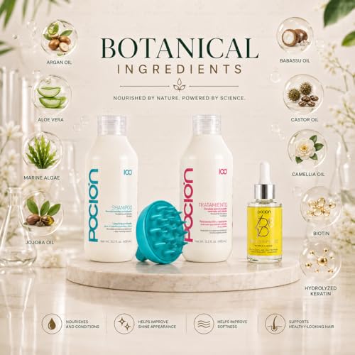 Poci?n Hair Care Bundle with Shampoo (Revitalizing Shampoo), Tratamiento (Repair Conditioner Treatment), Poci?n Brillo Infinito B8 Hair Oil & Scalp Massage Brush | 4-Piece Hair Care Set