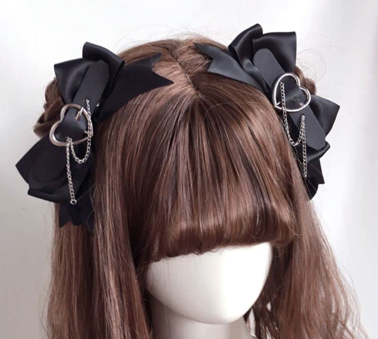 Gothic Lolita Hair Bowknot Headpiece with Chain Heart Charm - 2 Pcs Women’s Hair Clips