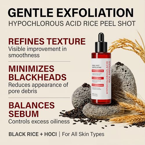 DIKAYI Hypochlorous Acid Rice Peel Shot - Gentle Exfoliating Serum for Pores & Blackheads, 2.71 fl. oz