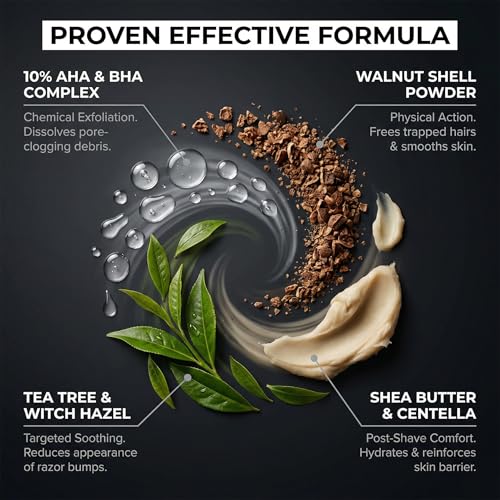 Men's Ingrown Hair & Face Scrub with AHA BHA & Walnut Shell Exfoliator