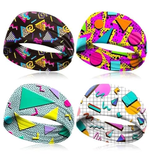 Retro 80s 90s Neon Headbands - 4 Pack Elastic Hairbands for Sports