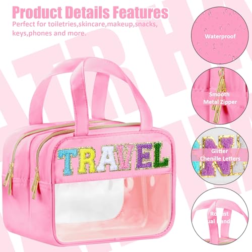 BuyCard Pink Chenille Letter Clear Travel Makeup Bag with Handles – Waterproof Nylon Toiletry Organizer, Spacious & Secure