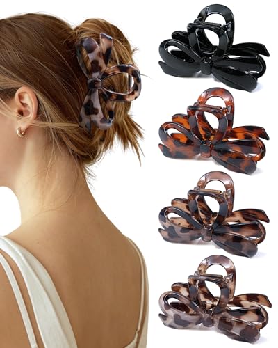 ACECHA Leopard Print Glossy Bow Hair Claw Clip Set - 4 Pack for Thick Hair