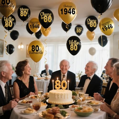 80th Birthday Balloons - Black & Gold Latex Confetti, 24pcs