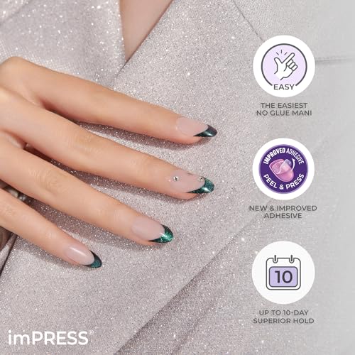 imPRESS Premium Gray V-Cut Stone Press-On Nails 32 Piece Legacy Set - Medium Ballerina & Coffin Shape, Easy & Long-Lasting Fake Manicure
