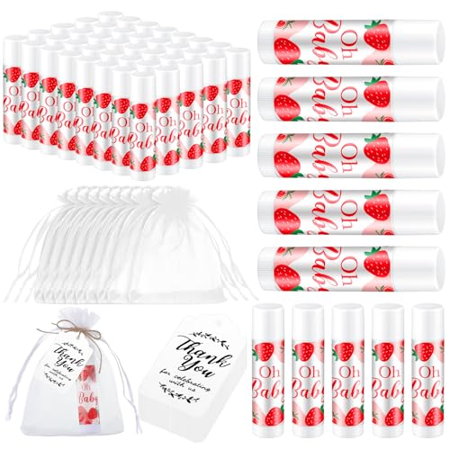 50-Pack Strawberry Lip Balm Favors with Organza Bags, Thank You Cards for Baby Shower & Gender Reveal