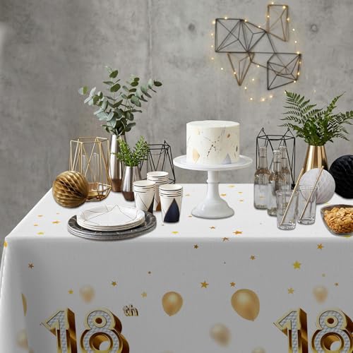Happy 18th Birthday Tablecloth - White & Gold Glitter Design