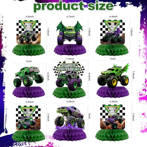 9Pcs Monster Truck Honeycomb Centerpieces for Birthday Parties