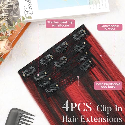 22-Inch Synthetic Clip-In Hair Extensions - Black with Red Highlight, 4PCS