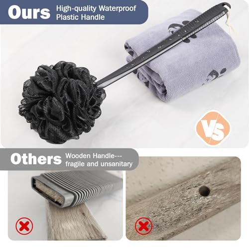 ROLIZOE 17-Inch Black Non-Slip Back Scrubber with Handle - Hand Shower Loofah & Loofah on a Stick Set