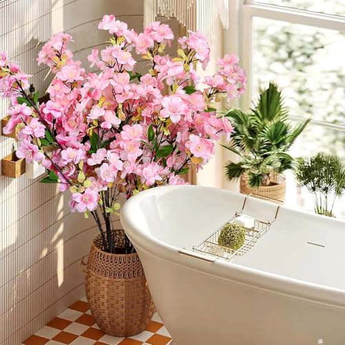 6-Pack Pink Artificial Cherry Blossom Branches - 27" Faux Silk Flowers for Home Decor