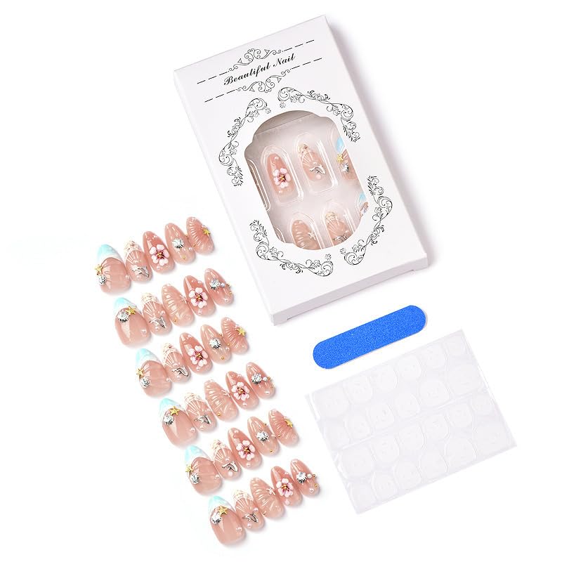 Tnampv Style 1 30Pcs Summer Almond Press On Nails Ocean Beach Fake Nails with Flower Seashell Design