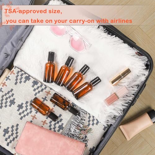RAMFIYN 6 Pack Amber 30ml Refillable Essential Oil Roller Bottles with Filling Tool & Labels